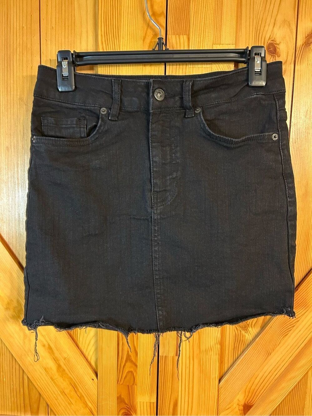 Nasty Gal black denim, jean skirt size 4 raw hem (0395)